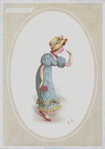 麦わら帽子をかぶり、バラを手にした青いドレスの少女（カラーリトグラフ 作： Kate (after) Greenaway