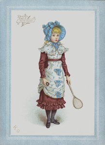 シャトルコックとラケットを持ったドレスとボンネットの少女（カラーリソグラフ 作： Kate (after) Greenaway