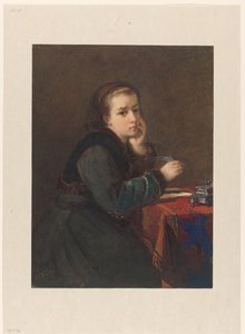 テーブルに座って書いている女の子 作： Kate Bisschop Swift