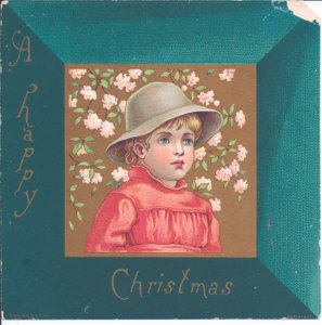 青いビーズのネックレスをつけた摂政服の少女のビクトリア朝の年賀状、1880年頃 作： Kate Greenaway