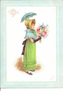 派手な衣装で踊る子供たちのビクトリア朝のグリーティングカード、1880年頃 作： Kate Greenaway