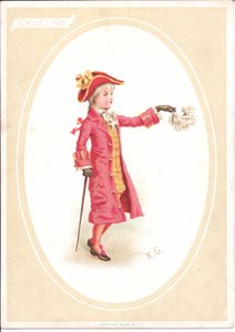 夕食のテーブルに座っている子供たちのビクトリア朝のグリーティングカード。 作： Kate Greenaway