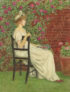 椅子に座った少女、手にさくらんぼのボウル、 作： Kate Greenaway