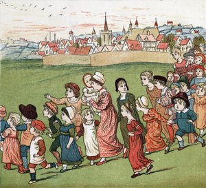 村を逃げ惑う母子の群れ。ケイト・グリーナウェイ（1846-1901）による挿絵。エドモンド・エヴァンス編集の童話・童謡集『Under The Window』（1879年）より。 作： Kate Greenaway