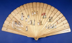 さまざまな目的で子供たちのグループと一緒に色で塗られた大きな木製のブリーズファン、 作： Kate Greenaway