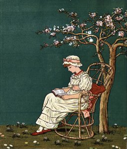 ライラックの下で読書する少女。ケイト・グリーナウェイ（1846-1901）によるイラスト。エドモンド・エヴァンス編集の童話・童謡集『Under The Window』（1879年）より。