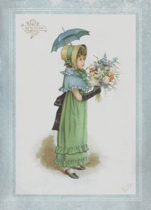 日傘と花束を持って、緑のドレスの女の子 作： Kate Greenaway
