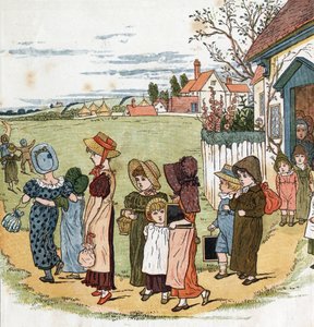 学校の外へ。ケイト・グリーナウェイ（1846-1901）が描いたイラスト（エドモンド・エヴァンス編『Under The Window』（1879年）より）。