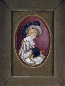 彼女のマフの中に彼女の手で羽毛の帽子をかぶっているブロンドの女の子の楕円形の肖像画 作： Kate Greenaway
