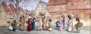 花を持つ16人の子供たちの行列」1876年頃（紙に水彩 作： Kate Greenaway