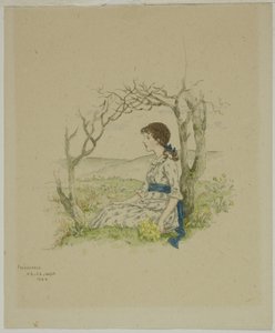 サクラソウと座っている女の子 作： Kate Greenaway