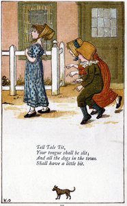 シジュウカラに告ぐ／あなたの舌は切り裂かれよう：ケイト・グリーナウェイ（1846-1901）による童謡本のための挿絵。クロモリトグラフ 作： Kate Greenaway