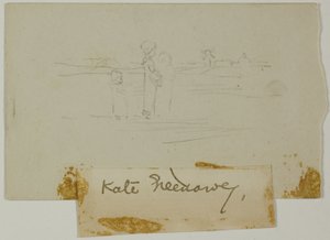 風車のある風景の中の 3 人の人物 作： Kate Greenaway