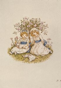 19世紀のバラの茂みの下に座っている人形を持つ2人の女の子