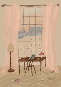 パリの窓辺の風景を描いたイラストと素朴なデスク 作： 