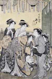 蝶々屋茶屋の花魁錦戸 女官たちに囲まれて 18世紀後半 浮世絵 勝川春章（1780～1800年）作 おばんたて絵 木版画 37x26cm 日本の文明 詳細 作： Katsukawa Shuncho