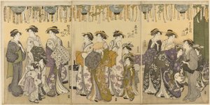 提灯の下を練り歩く花魁と随行者 作： Katsukawa Shuncho