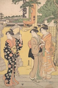 仏教寺院の敷地内でのフェアな訪問者（1789年頃）。 作： Katsukawa Shuncho