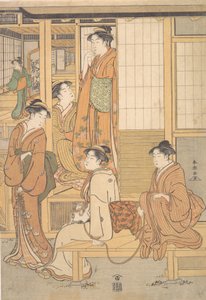 茶室のベランダにいる若い女性のグループ、18 世紀後半。 作： Katsukawa Shuncho