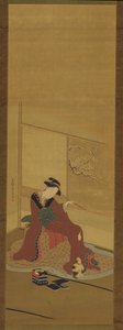 内側：少女と子猫 江戸時代・18世紀後半 作： Katsukawa Shuncho