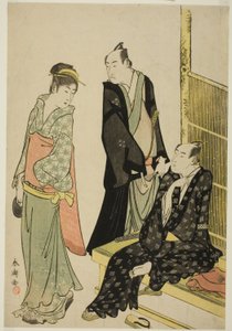 茶屋での役者 初代尾上松介と初代市川おめぞう 作： Katsukawa Shuncho