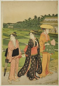 田んぼの近くの 3 人の女性 作： Katsukawa Shuncho