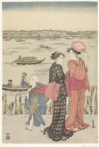 川沿いの波止場にいる 2 人の女性と 1 人の少年。 作： Katsukawa Shuncho