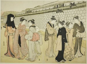 お堀を歩く女性たち 作： Katsukawa Shuncho