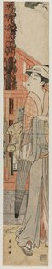 境内の松の木のそばに立つ若い女性 作： Katsukawa Shuncho