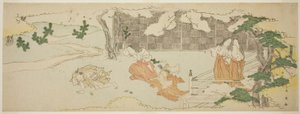 バルコニーで、桜の木の下の庭で男を追いかける女と女を眺めるコート・レディたち 作： Katsukawa Shun