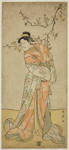 寛政5年(1793)正月、河原崎座で上演された『御前遊び相撲曽我』の女方・岩藤役の市川海老蔵（五代目團十郎）。 作： Katsukawa Shun