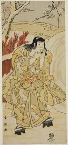 寛政5年（1793）11月、河原崎座で上演された『にぎわい源氏花咲く華道』における、大雪玉の傍らで手に息を吹きかける少年役の四代目岩井半四郎。
