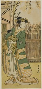 初代中山富三郎が常盤御前に扮し、寛政3年(1791)11月に市村座で上演された『金目貫源家のかくつば』（？ 作： Katsukawa Shun