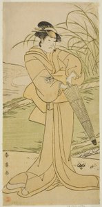 寛政7年(1795)5月、桐芝居小屋で上演された『蓬莱福乃木の玉水』の岡屋役、二代目山下金作 作： Katsukawa Shun