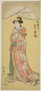 寛政6年（1794）11月、桐芝居小屋で上演された「男山お江戸の石附」の女中妻木役、二代目山下金作 作： Katsukawa Shun