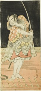 夏祭浪花鑑』の黒兵衛団七役の初代中村仲蔵と一寸徳兵衛役の五代目市川団十郎。 作： 勝川春香®