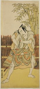 天明8年（1780）11月、市村座で上演された『牟礼高松雪の白旗』の緒方三郎役、初代坂東三津五郎が萬屋瀧右衛門に扮した姿。