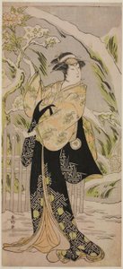 天明7年11月、桐芝居小屋で上演された『三箇の庄 春の花よめ』における八重畑夫人役の四代目岩井半四郎。 作： 勝川春香®