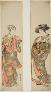 安永8年（1779）11月、市村座で上演された「吾妻の森 栄楠木」で、花魁役の初代中村富十郎（右）と小山田村の太郎作（左）に変装した小山田太郎役の三代目沢村宗十郎（？