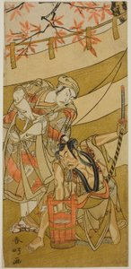 安永3年（1774年）11月、中村座で上演された『海女の岩戸』の小次郎正平役・二代目市川雷蔵（右）と土井弥太郎役・四代目市川団蔵（左）。 作： 勝川春香®