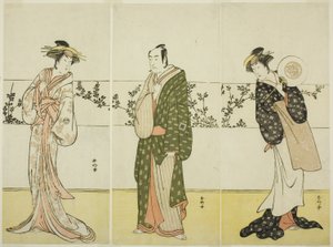 二代目長川恒世（右）、二代目市川門之助（中央）、三代目瀬川菊之丞（左）『千代のはじまり音頭の瀬戸』で、みさを御前、松屋惣七、博多の小女郎を演じた可能性がある：音頭の瀬戸 作： 勝川春香®