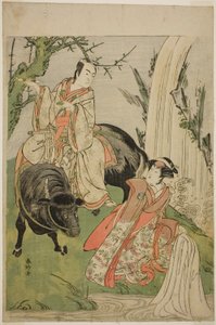 天明5年（1785）11月、桐芝居小屋で上演された『男山振袖源氏』の初音姫（はつねひめ）（右）役の三代目瀬川菊之丞と御幸之介行成（みゆきのすけゆきなり）役の二代目市川門之助。 作： 勝川春香®
