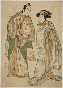 天明4年（1784）11月に桐芝居小屋で上演された『十二単衣小町桜』の花魁・墨染（右）役の三代目瀬川菊之丞と吉峰五之助（左）役の二代目市川門之助 作： 勝川春香®