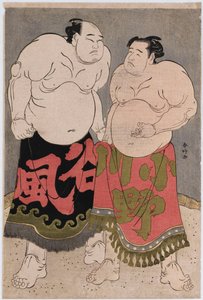 右がレスラー小野川喜三郎、左が谷坂梶之助の全身像