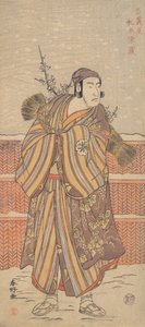 雪の中に立つ冬装の男としての松本スメゾウ、ca. 1785-90。 作： Katsukawa Shunko