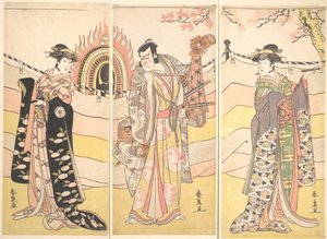 宗教的なダンスを披露する美しい衣装を着た 3 人の役者。 1785年。 作： Katsukawa Shunsen