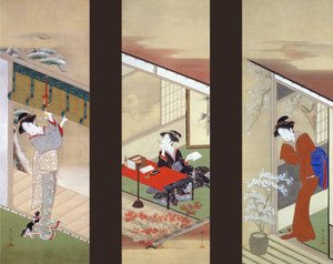 雪、月、花の季節の女性 作： Katsukawa Shunsho