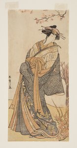 部屋に立つ背の高い花魁としての二代目俳優瀬川富三郎（カラー木版画） 作： Katsukawa Shunsho