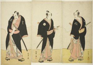 五代目市川團十郎（極院仙右衛門役）、初代坂東三津五郎（安の平兵衛役）、二代目中村助五郎（雷松九郎役）『初詣車曽我』（『初詣車曽我』）に出演 作： Katsukawa Shunsho