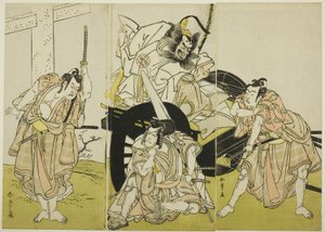 菅原伝授手習鑑』の藤原師平役の二代目中島三保右衛門、松王丸役の三代目市川海老蔵、桜丸役の二代目市川瑤蔵、梅王丸役の九代目市村羽左衛門。 作： Katsukawa Shunsho